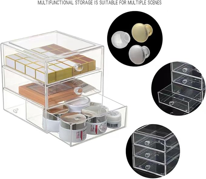 AJIODA Makeup Drawer Organizer Box with 3 Drawers, Acrylic Cosmetic Display Case Vanity Organizer Jewelry Storage Box Stackable Storage for Cosmetics, Skin Care, Bathroom, Countertop, Gold Handle