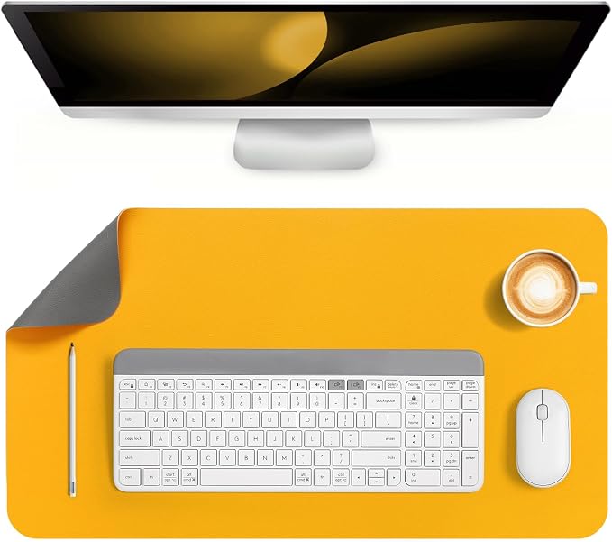 Dual Sided Desk Pad Faux Leather Desk Mat Large Mouse Pad | Desk Pad Protector Non-Slip Waterproof Desk Mouse Pad for Writing Desk, Office, Home(Yellow Gray 23.6"X13")