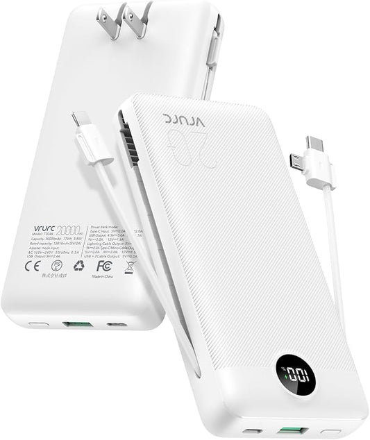 VRURC Power Bank 20000mAh, Fast Charging Portable Charger USB C,4 Output 2 Input Travel Essentials Charging Bank Equipped with LED Display,Built-in Wall Plug and Cables,Phone Charger Battery,White