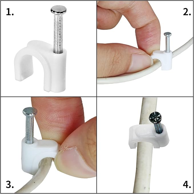 Bonsicoky 100Pcs Nail Cable Clips with Steel Nail, 6mm White Cable Wire Management Clips for Ethernet Cable, Telephone Cable, TV Wire Cable, Print Cable