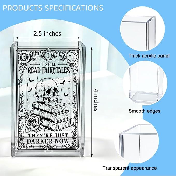 I Still Read Fairytales They're Just Darker Now Acrylic Pen Holder, Gothic Skeleton Book Desk Pencil Cup Organizer, Bookish Office Decor Accessory, Halloween Gifts for Book Lover Librarian