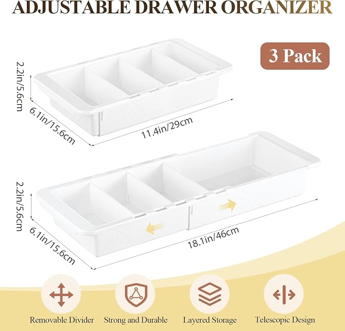 3 Pcs Expandable Drawer Organizer Bins Adjustable Deep Drawer Hanging Organizer Tray Expandable 11.4 to 18.1 Inches Plastic Dividers Storage for Office Bathroom Bedroom Kitchen Desk, White