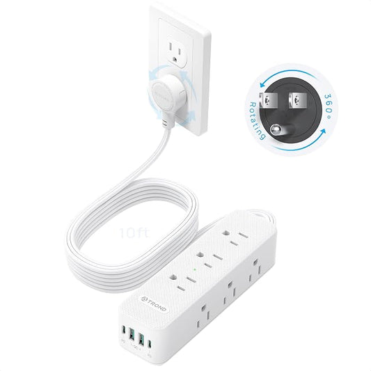 TROND 360° Rotating Flat Plug Power Strip with USB PD 20W, 10FT Flat Extension Cord Surge Protector 1300J with 9 Outlets 4 USB Ports, Wall Mountable, for Home Office Travel Dorm Room Essentials, White