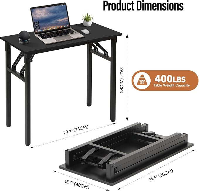 Panana Small Foldable Computer Desk, 31.5 inch Folding Home Office Desk for Small Spaces, Modern Simple Style for Home, Office, Study, Writing, No Assembly Required (Black, 31.5" x 15.7")