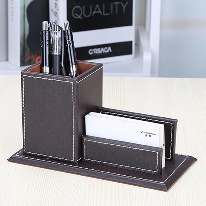 PU Leather Desk Organizer and Accessories, Pencil Holder for Desk with Business Cards Stand, School Office Supplies Collection Caddy Brown