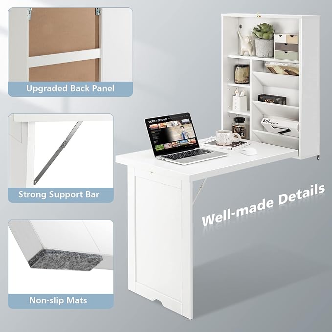 GOFLAME Wall Mounted Folding Desk, 3-Tier Tilt Storage Partition With Adjustable Shelves, Space-Saving Floating Laptop Desk, Convertible Writing Table for Home Office, White