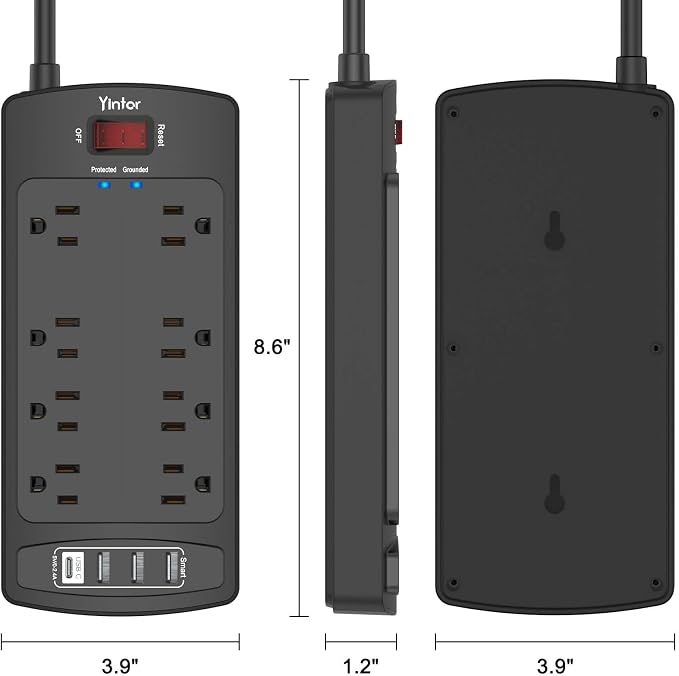 Surge Protector Power Strip, Yintar Flat Plug Extension Cord with 8 AC Outlets and 4 USB Ports, 10 Feet Power Cord, 2700 Joules, ETL Listed, Black