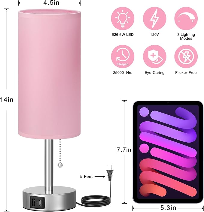 Dicoool Small Bedside Table Lamp for Bedroom, Pink Nightstand Lamp for Girls Kids, 3 Color Temperatures & USB Charging Port, Cute Desk Lamp for Teens Room Decor, Dorm Room Essentials