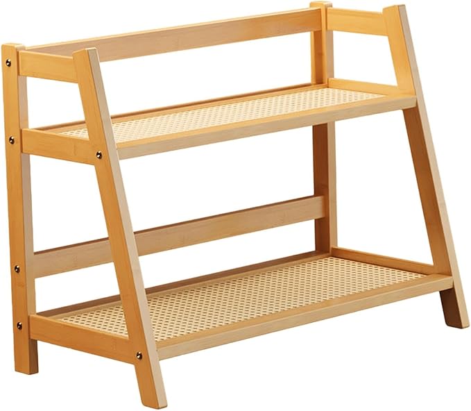 Double Layer Rack 2 Tier Bar Accessories Multipurpose Coffee Mug Display Stand Seasoning Storage Rack for Desk Office Bedroom, Bamboo Color S
