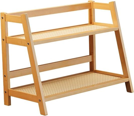 Double Layer Rack 2 Tier Bar Accessories Multipurpose Coffee Mug Display Stand Seasoning Storage Rack for Desk Office Bedroom, Bamboo Color S