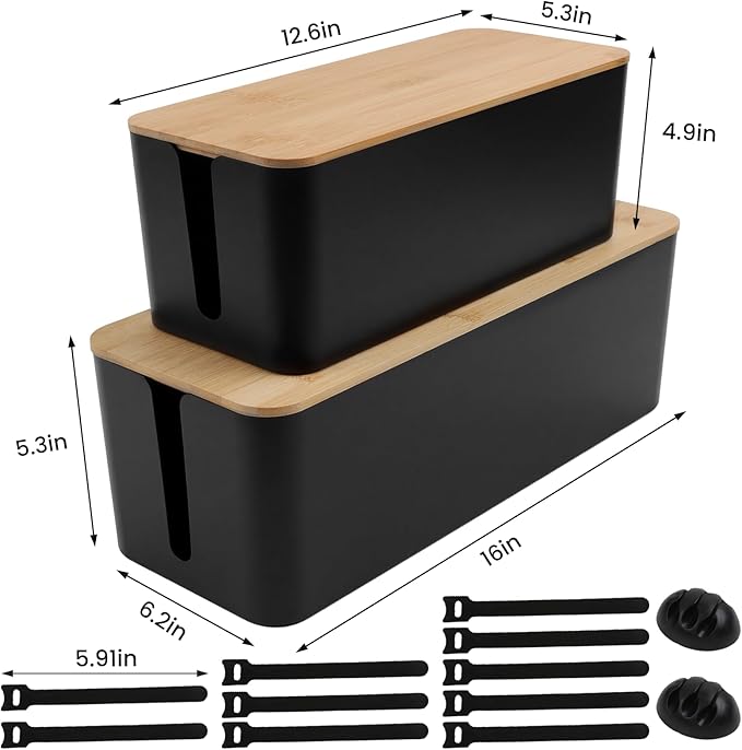 2 Pack Cable Management Box - Cord Organizer Box with Wooden Lid for TV Wires, Power Strips, Router, USB Hub & Under Desk Power: Baby & Pet Proof Cord Management, Cord Hider for Home & Office(Black)