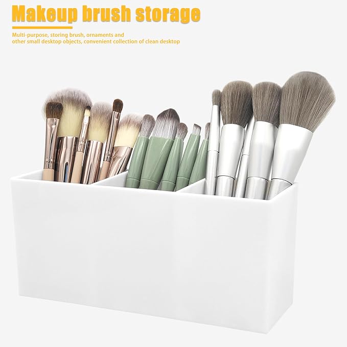 Cerpourt White Makeup Brush Organizer,Acrylic Cosmetic Brushes Storage Holder with 3 Slots,Pencil Pen Holder for Desk,Desk Organizer and Accessories for Vanity