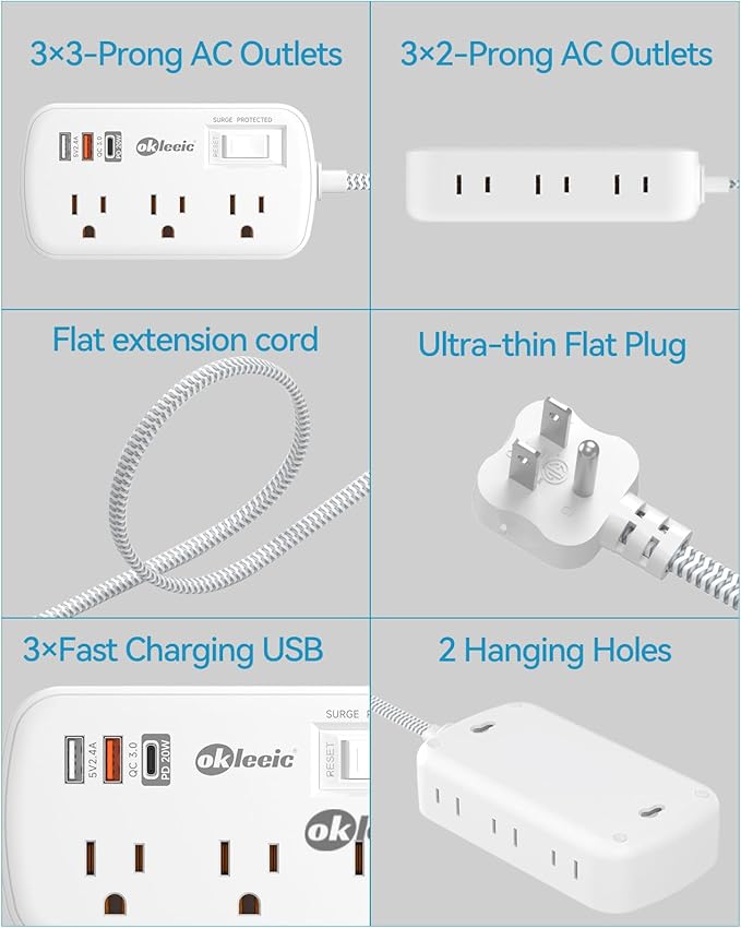 PD 20W USB C Surge Protector Power Strip, Travel Power Strip with 3 USB(1 USB C) Ports and 6 Outlets, Short Extension Cord 1 Ft, PD 20W Fast Charging Station, Wall Mount for iPad Pro iPhone Samsung