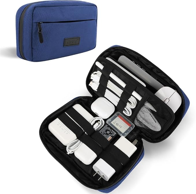 GOX Cable Organizer Travel Bag, Water Resistant Electronic Accessories Case, All-in-One Tech Storage Pouch for Chargers, Cords, Batteries,Phone, Hard Drive & Power Bank (Navy)