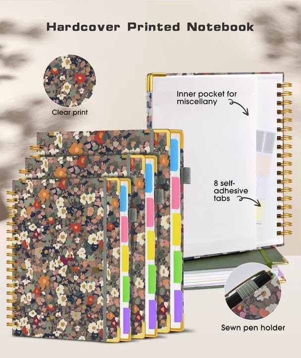 Hardcover Spiral Notebook 8.5"x11" Journal with Removable Dividers Tabs, 300 Pages 5 Subject Notebook College Ruled, Large A4 Notebooks for Work School, Lined Journal for Women, A4 Flower