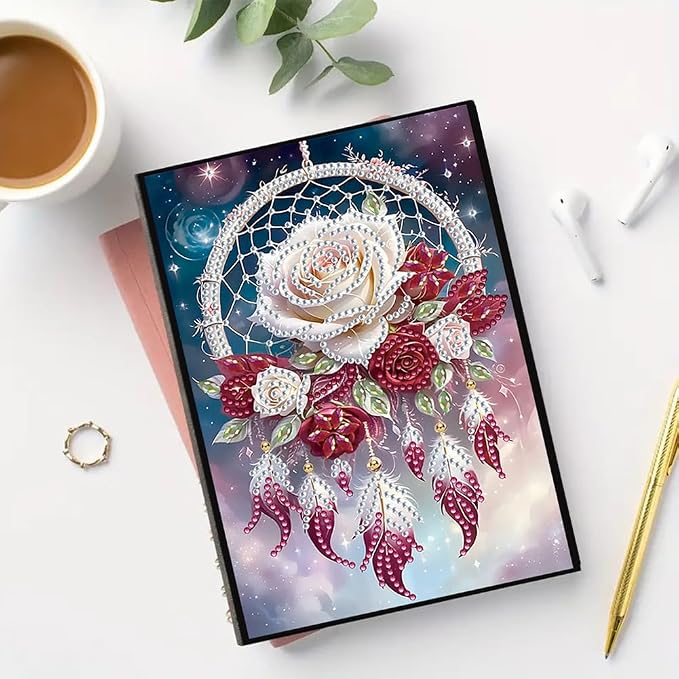 FRANDEK A5 50-Page DIY Diamond Art Painting Notebook with Beautiful Patterns, Special Shaped Diamond Art Craft for Beginners Adults Gift(Rose Dream Catcher)
