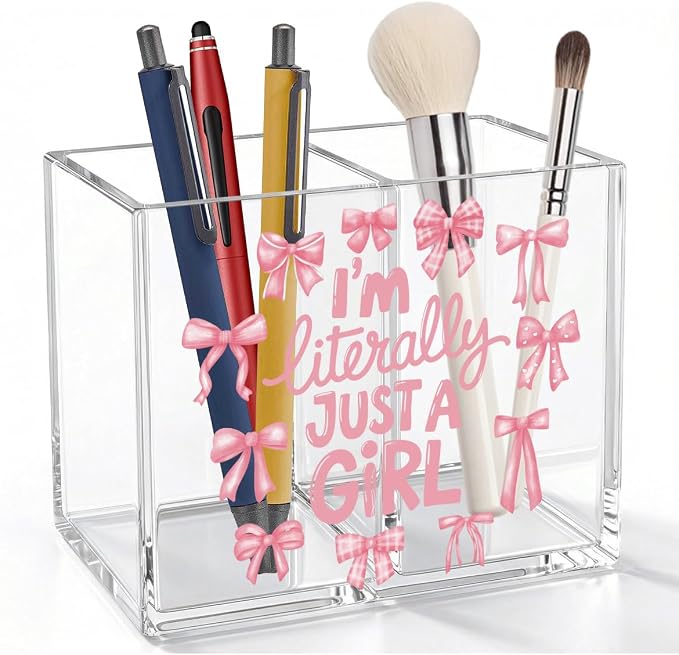 Pink Bow Girly Acrylic Cosmetic Pencil Pen Holder Cup Cute Gifts for Girl I'm Literally Just a Girl Preppy Decor for Home Office Desk Vanity Organizers and Accessories