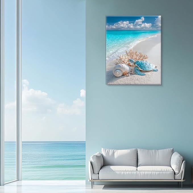 Coastal Beach Wall Art, Ocean Sea Turtle Seashell Coral Wall Decor, Turquoise Water Sand Seascape Painting, Beach Coastal Print for Bathroom Bedroom Living Room 8x10 Canvas Framed