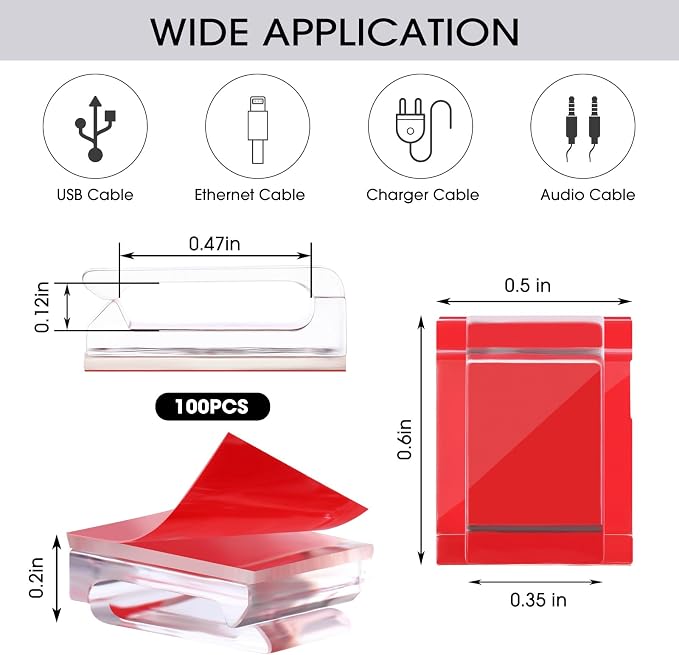 Hicarer 100 Pcs Christmas Light Clips Adhesive Hooks for Outdoor String Cable Wire Clips Adhesive Wire Management Cord Holder for The Wall, Under Desk, Car, Office and Home (Large, Red)