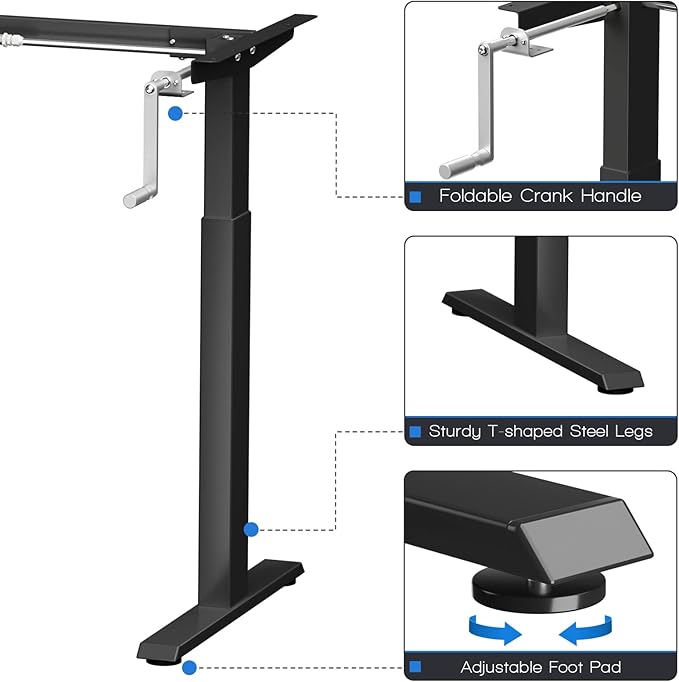 COSTWAY Crank Standing Desk Frame, Manual Hand Crank Workstation Base, Ergonomic Sit to Stand Base w/Foldable Crank Handle, Hook, Cable Management Rack (Black)