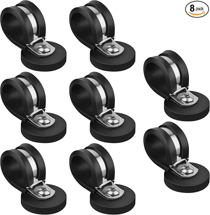 3/4 Inch Stainless Steel Cable Clamps, 8 Pack Heavy Duty Magnetic Pipe Clips, Rubber Cushioned Insulated Clamps, Magnetic R Shape Clamp Holder for Pipe, Wire, Cord, Tube, Loop Installation