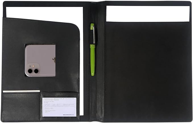 Leather Portfolio Folder Padfolio, Business Padfolio Organizer Document Planner Portfolio Binder Storage Pocket for Legal Pad Holder Paperwork Phone Men Women (Black)