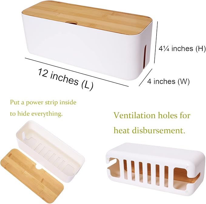Changsuo Cable Management Box Small White, Extension Cord Organizer for Power Stripe Surge Protector Wire Management Concealer Cover Hider for Desktop Home Office Kitchen (White)