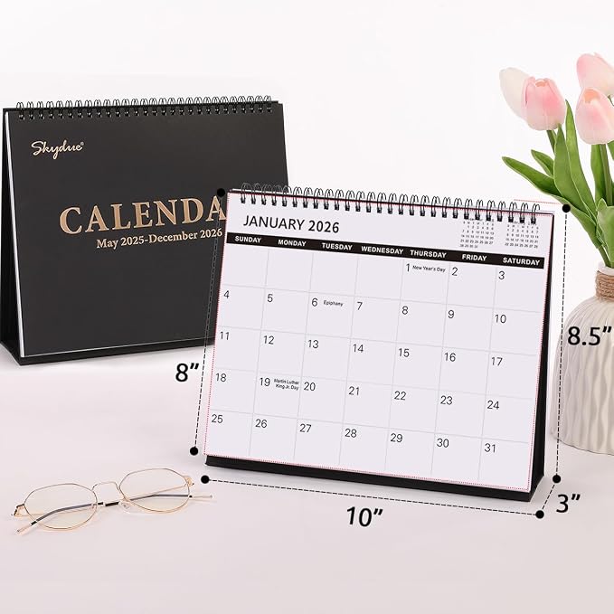 SKYDUE Desk Calendar 2026-2027, 21 Months Small Desk Calendar 2026-2027, Apr 2026 to Dec 2027, 10" x 8" Desktop Calendar Planner with Stickers, Black