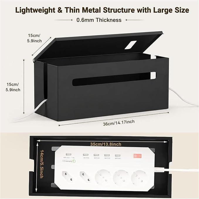 Slim Metal Large Cable Management Box Cord Hider Wire Organizer Boxes | Power Strip Box for Electrical Cord Hiding, Home Office Floor and Desk Cables Hider, TV Wires Storage Organization