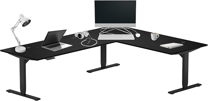 Progressive Desk Stand Up Height Adjustable Electric Standing Desk - L Shaped 90" x 72" Corner 3 Stage Rising Workstation Large Executive Table - Black Frame, Ebony Oak Top