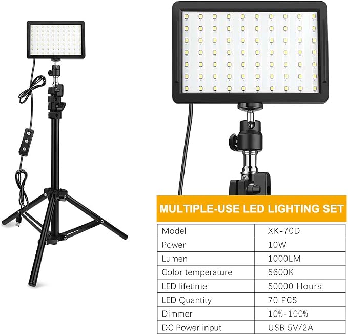 3 Packs 70 LED Video Light with Adjustable Tripod Stand/Color Filters, Obeamiu 5600K USB Studio Lighting Kit for Tablet/Low Angle Shooting, Collection Portrait YouTube Photography