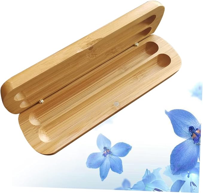 Bamboo Pen Box with Two Pen Slots - Eco-Friendly Wooden Pencil Case Organizer for Desk Supplies and Stationery Storage at Home and Office