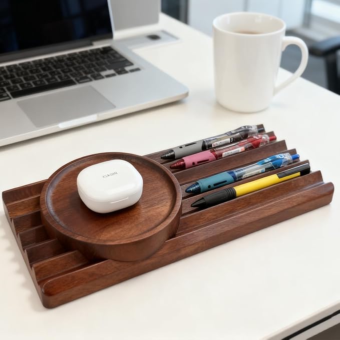 Horizontal Pen Holder for Desk, Walnut Pen Holder with 5 Compartments,Pen Tray Office Accessory, Teacher Gifts, Suitable for School, Home,Pen Tray for Desk (Walnut)
