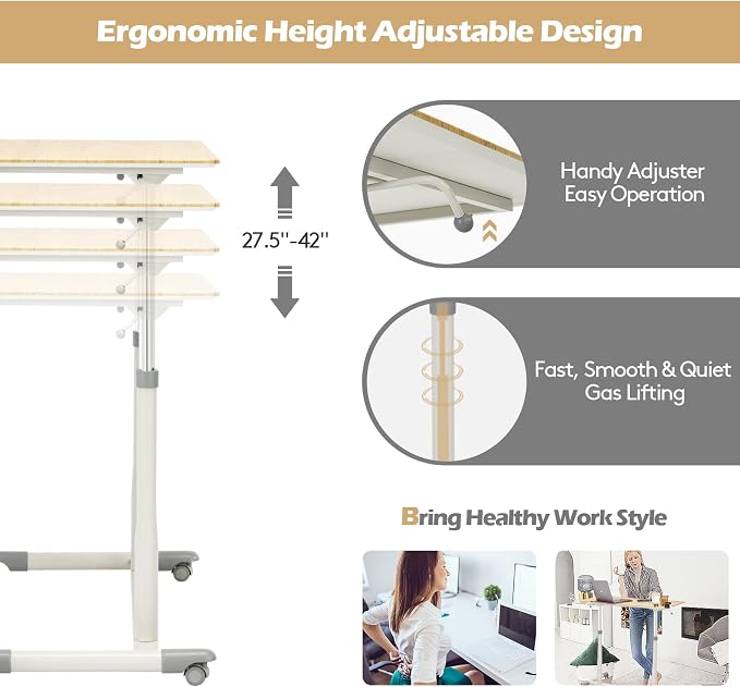 COSTWAY Mobile Height Adjustable Standing Desk, Compact Pneumatic Sit to Stand Computer Desk w/Lockable Casters, Ergonomic Rolling Laptop Table w/Steel Frame for Home Office (Natural)