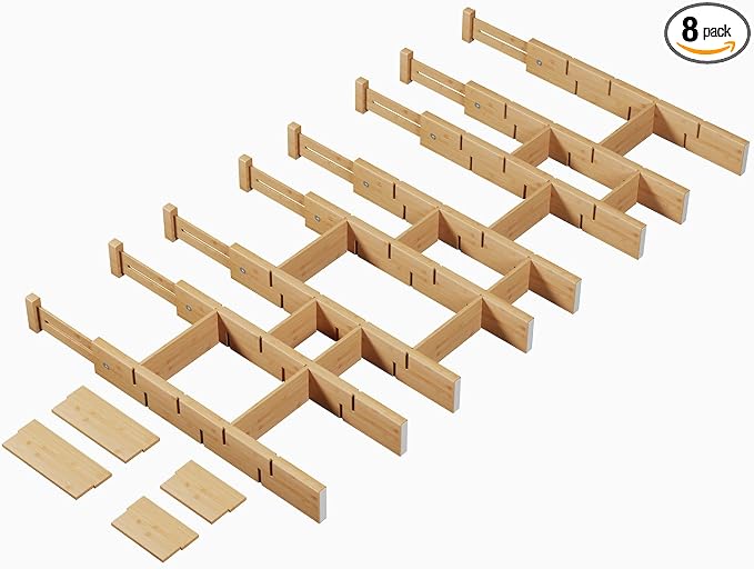 Bamboo Drawer Dividers 8 Pack with Inserts, Kitchen Adjustable Drawer Organizers for Home, Bedroom, Dresser, Expandable Organization 8 Dividers with 16 Inserts