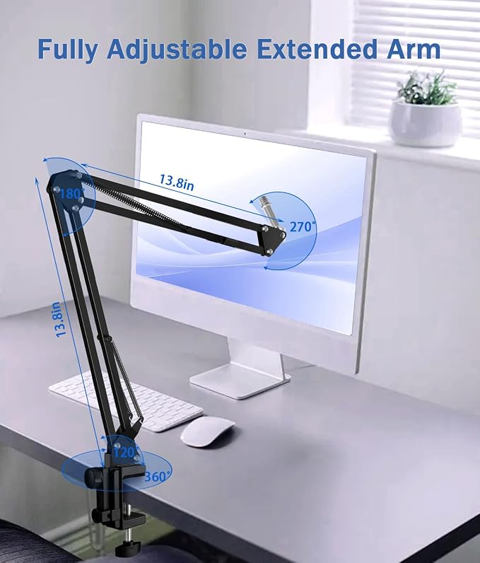 BILIONE Microphone Stand, Mic Boom Arm Stand for Blue Yeti QuadCast S SoloCast Snowball AM8 and other Mics, with Pop Filter Shock Mount Microphone Clip Cable Ties