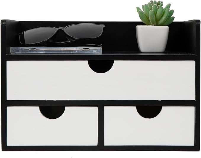 Rustic Wood Desk Organizer with Drawers,3-Drawer Desktop Storage Box | Two-Tone Black & White‌ 3 Drawers Shelf Pens, Notes, Makeup, Jewelry & Toiletries for Office, Bath Vanity Office Supplies