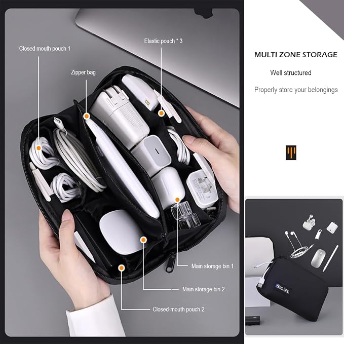 Electronics Organizer Bag, Travel Digital Storage Pouch for Cable, Cord, Earphone, USB Flash Drive, Power Bank, Hard Drive, Portable Tech Travel Case with Multi-Compartment (Grey)