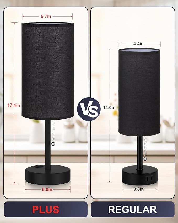 Fenmzee 17.4" Large Black Bedside Lamps Set of 2-3 Color Temperatures Pull Chain Lamp with AC Outlet Charging Port, Two Round Night Stand Lamps for Bedroom Guest Room Office