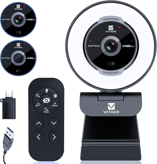 Zoomable Webcam with Remote Control, 1080P 60FPS Streaming with Ring Light and Microphone, Pro USB Webcam with 5X Digital Zoom and Privacy Cover for Zoom/Skype/Teams/PC/Laptop/Mac