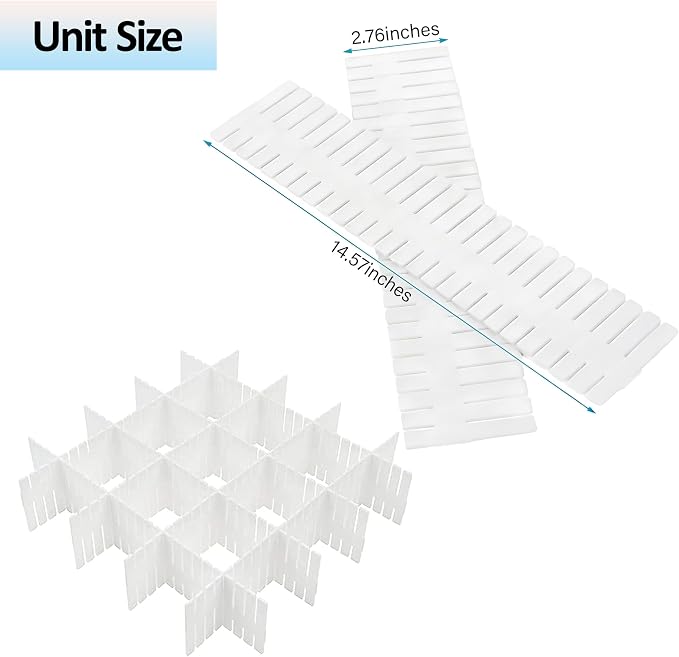 16 Pcs Adjustable Drawer Dividers, DIY Plastic Grid Separators for Clothes, Socks, Underwear, Kitchen and Office, Cuttable Drawer Organizer Dividers, 14.5 x 2.7 in (4 Packs of 4)（Blue）