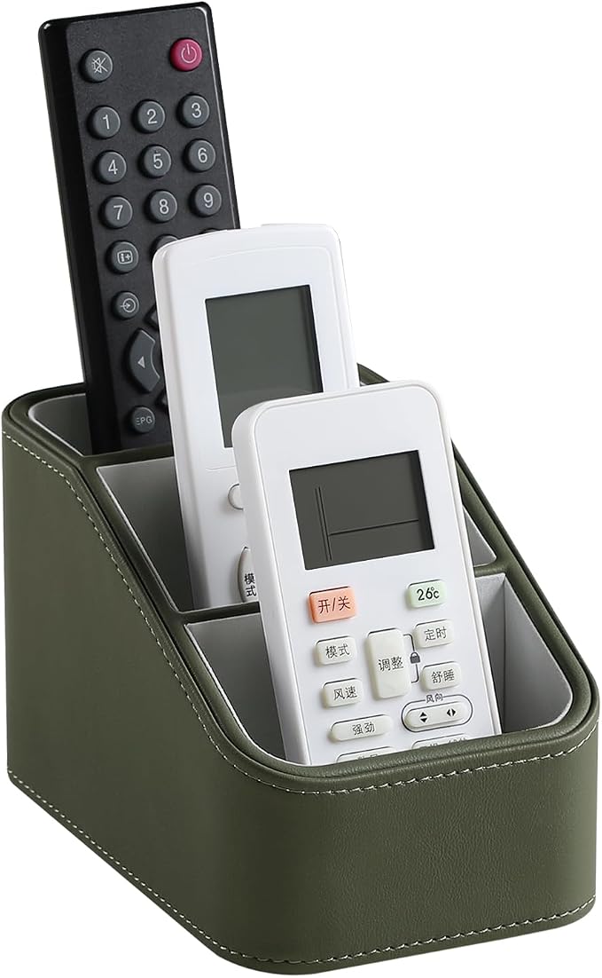 PU Leather Remote Control Holder, Small Desk Organizer Office Supply Bedside Caddy for Nightstand End Table Couch, Pen Remote Organizer with 3 Compartments (Green)
