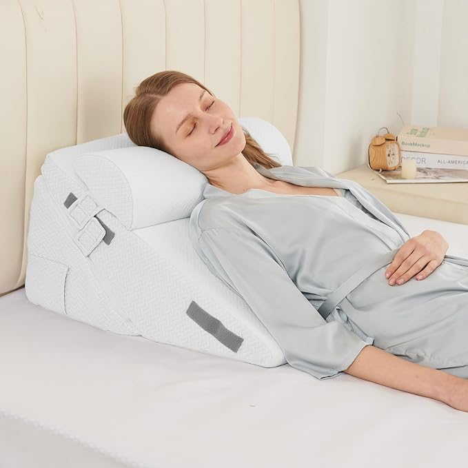 Sasttie Adjustable Wedge Pillow Set for After Surgery, White | Bed Wedge Pillow Headboard with Memory Foam Neck Cushion, for Acid Reflux, Sleeping, Neck & Back Support