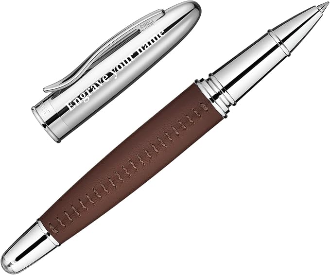 BEILUNER 318 Luxury Personalized Leather Pen, Hand-Stitched Premium Leather, Chrome-Plated Finish, Smooth Black Refill, Fancy Rollerball Gift Set for Men & Women, Executive Writing, Nice Designer pen