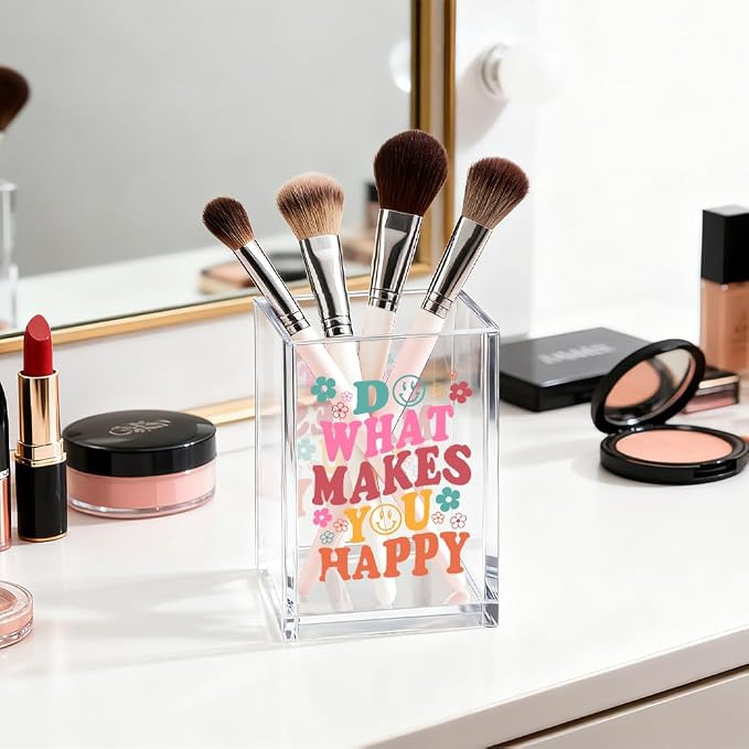 Do What Make You Happy Acrylic Cosmetic Organizer Pen Holder, Funny Acrylic Desk Holder Cup for Pen Pencil, Inspirational Office Gifts for Coworker, Positive Quote Desk Storage Accessory