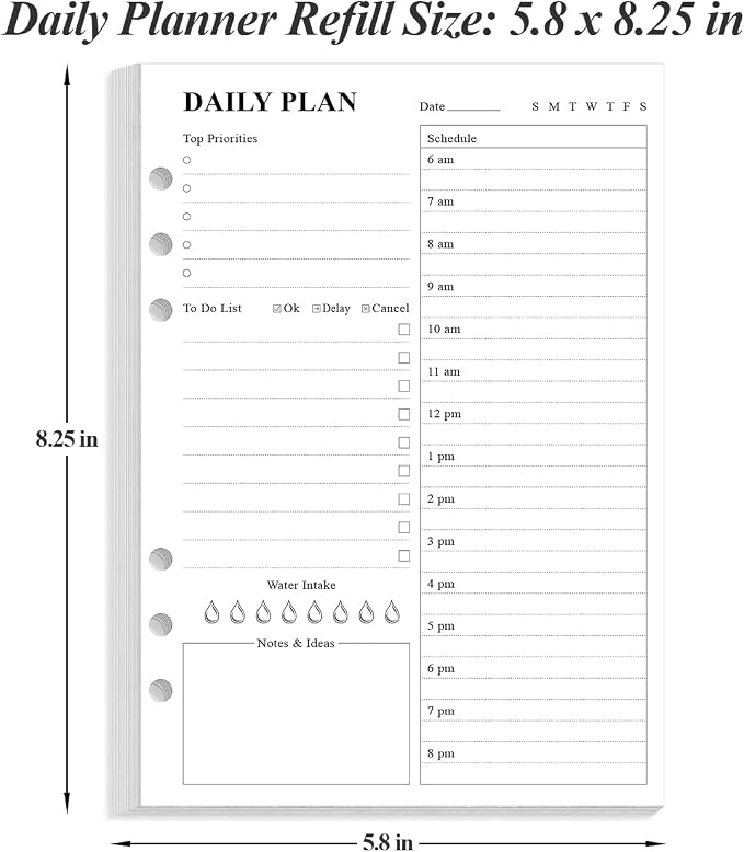 6-Hole Punched To Do List Insert - Undated Daily Planner Refill for A5 Binder,100 Sheets/200 Pages Planner and Lined Refill, 100 gsm White Paper, 5.8'' x 8.3''
