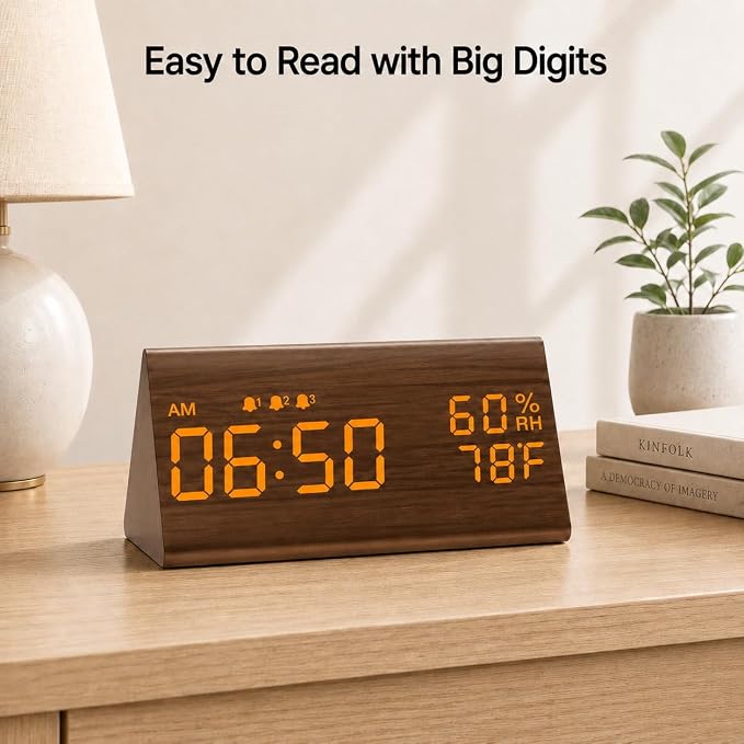 JALL Wooden Digital Alarm Clock for Bedrooms and Office, 3 Alarms with Big Digits, Humidity and Temperature Display, 6-Level Dimmer, Snooze, Loud Desk Clock for Heavy Sleepers, Plug in (Brown)