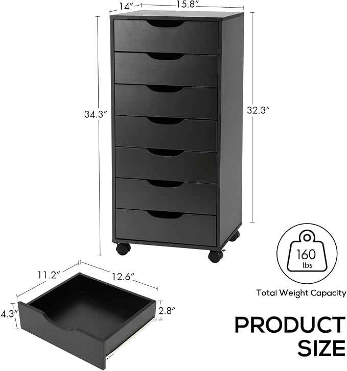 TUSY 7 Drawer File Cabinet with Wheels, Mobile Wood Storage Cabinet for Home Office, Rolling Drawer Organizer for Office Supplies, Printer Stand, Black