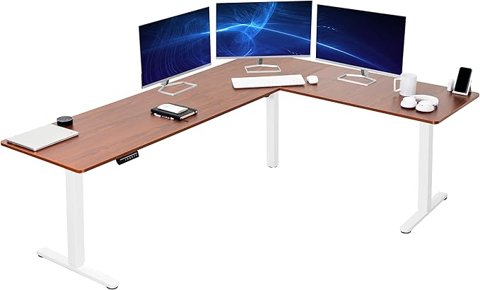 VIVO Corner Standing Desk, 84 x 63 inch Reversible L-Shaped Workstation, Electric Height Adjustment, Home, Office, and Reception Rooms, Dark Walnut Table Top White Frame, DESK-E3CTWD-84