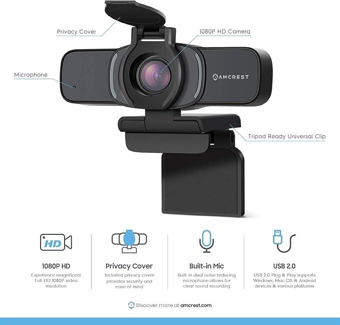 Amcrest 1080P Webcam with Microphone & Privacy Cover, Web Cam USB Camera, Computer HD Streaming Webcam for PC Desktop & Laptop w/Mic, Wide Angle Lens & Large Sensor for Superior Low Light (AWC201-B)